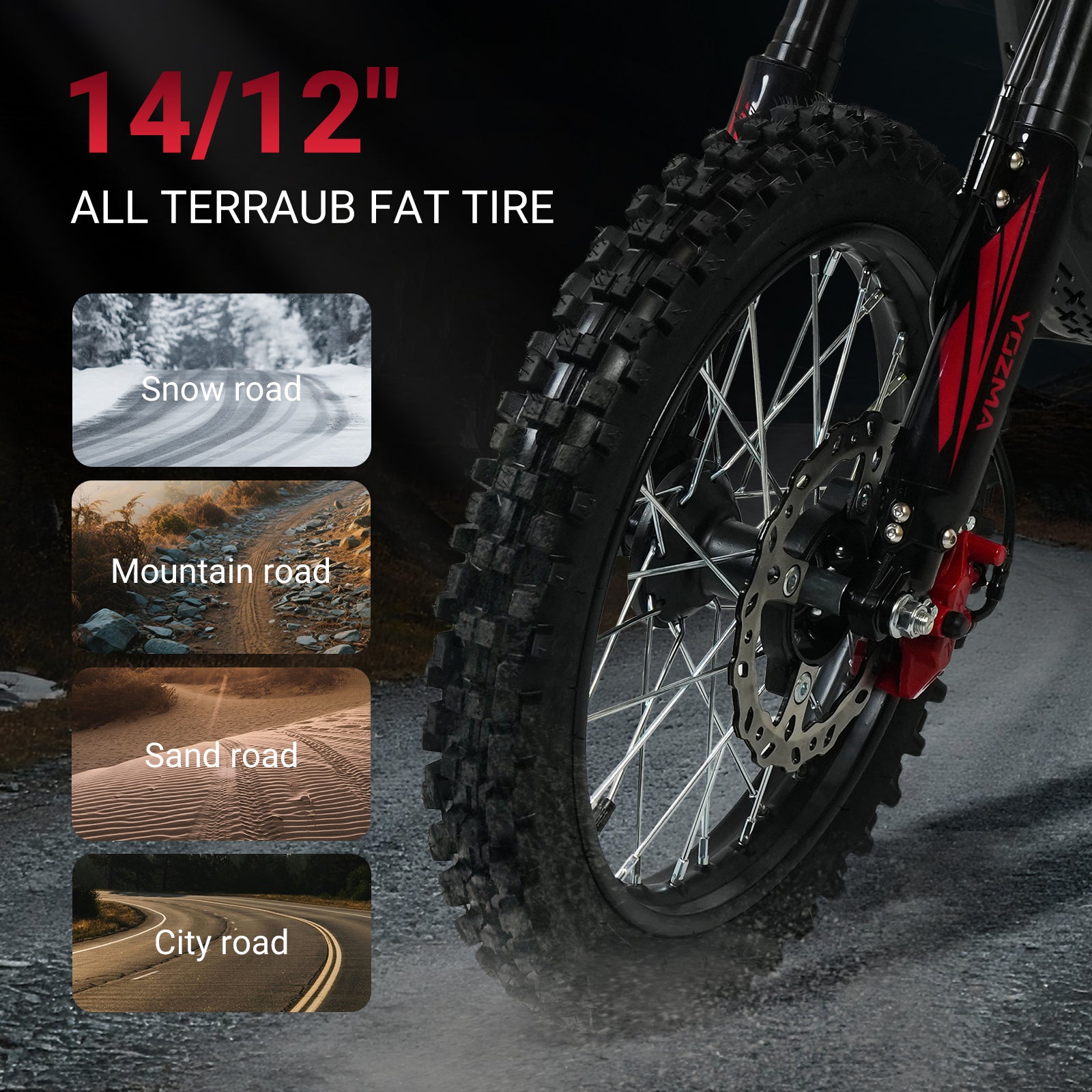 A detailed collage showcases the knobby 14" and 12" all-terrain fat tires for maximum grip.