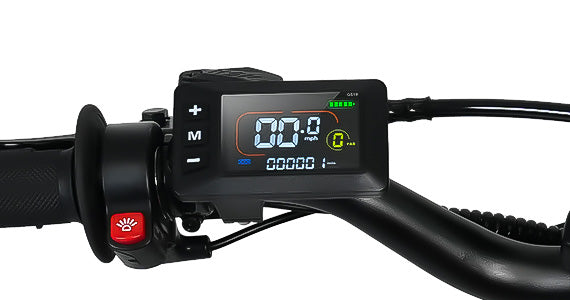 More readable, Colorful Smart Display: The bright, colorful smart LCD on an electric mini moto, clearly displaying speed and battery level on the handlebars.

