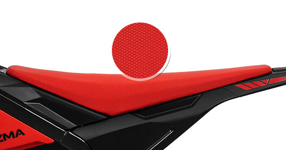 Motor Style Seat with Quick Release: The comfortable dirt bike seat for adults and teens, featuring a quick-release tab for easy access to components underneath.

