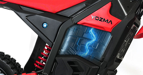 Automotive Grade Chip Battery: The secure, automotive-grade battery for the Yozma electric dirt bike, shown with its dedicated key to prevent unauthorized disassembly.