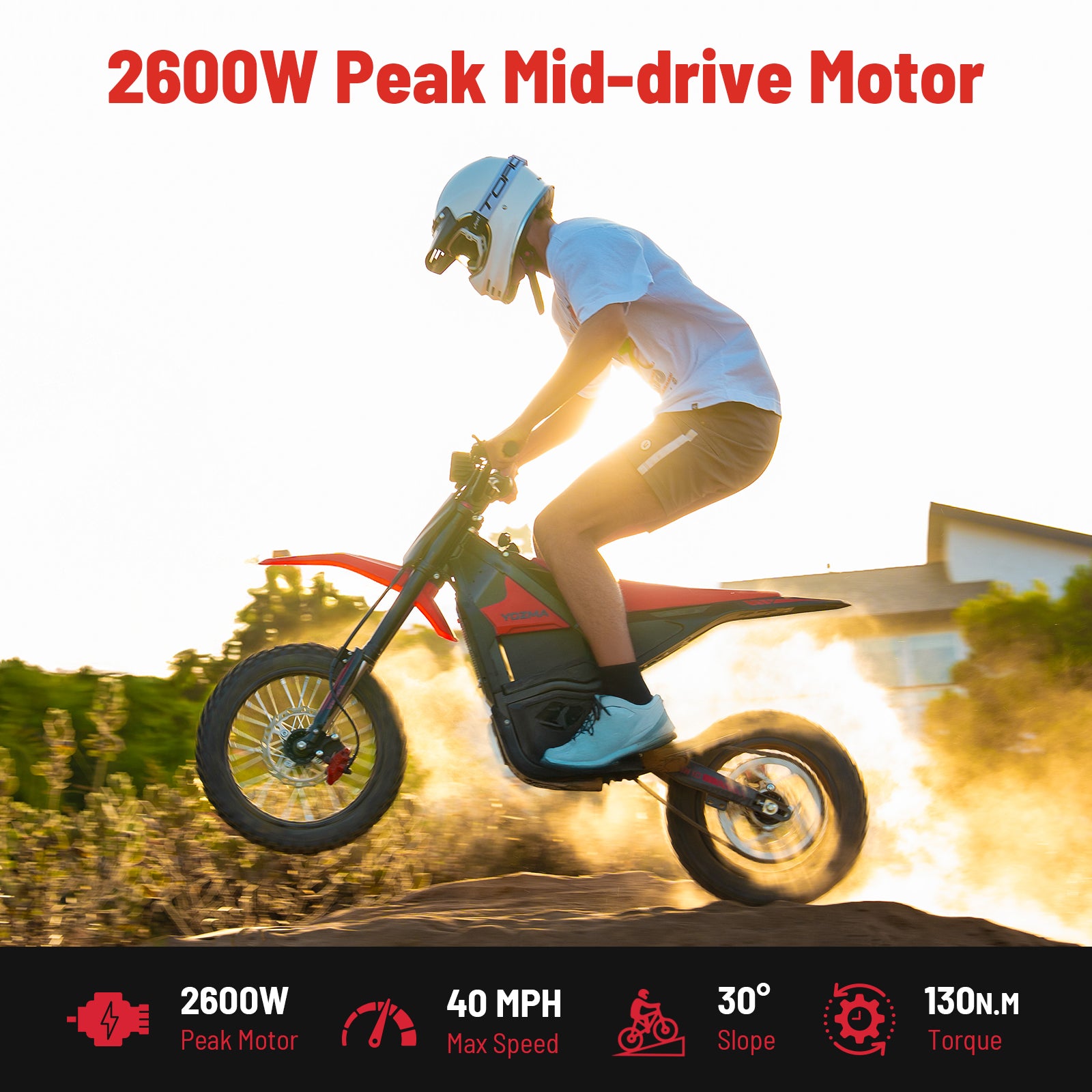 climbing a dirt hill, demonstrating the power of the 2600W peak mid-drive motor.