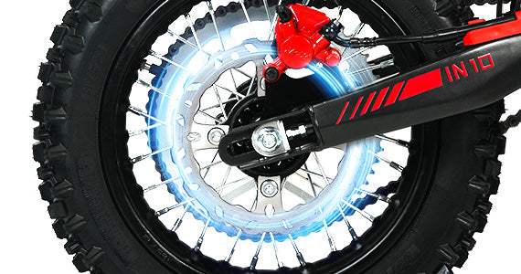 Heavy-duty Hydraulic Brakes: The rear wheel of the e-bike, highlighting the stopping power and reliability of its heavy-duty hydraulic disc brakes.